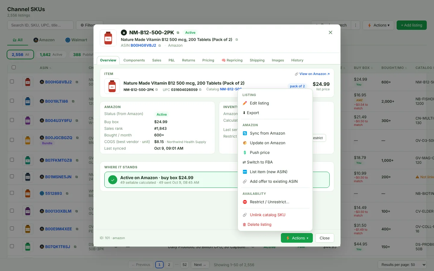 Listing Actions menu