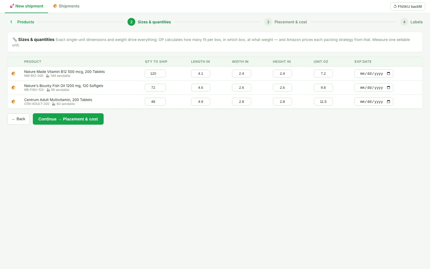 Step 2, sizes and quantities