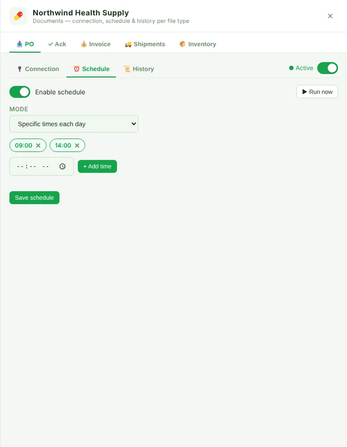 EDI Schedule sub-tab