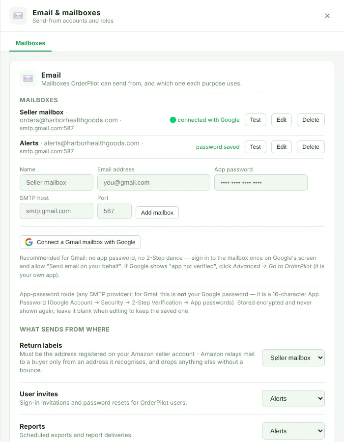Email & mailboxes panel