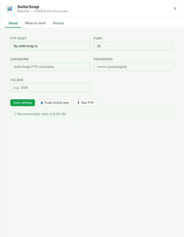 SellerSnap Setup tab