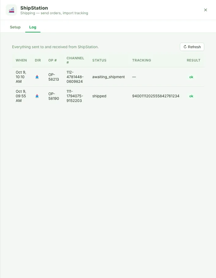 ShipStation Log tab