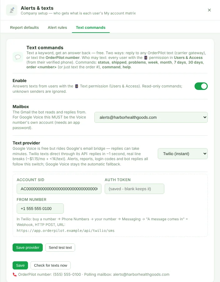 Text commands tab