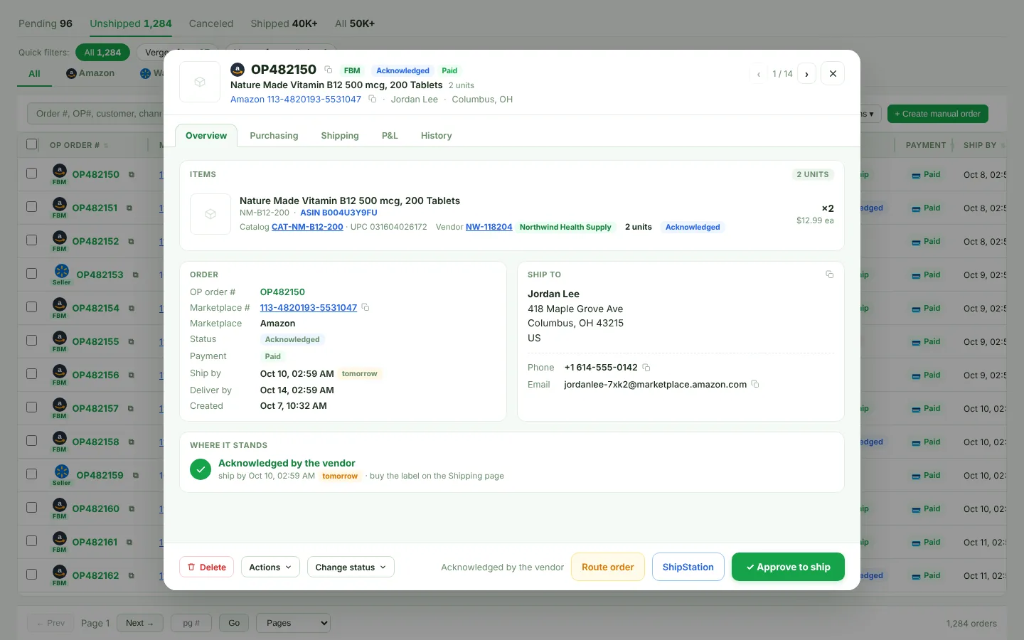 Order window on the Overview tab