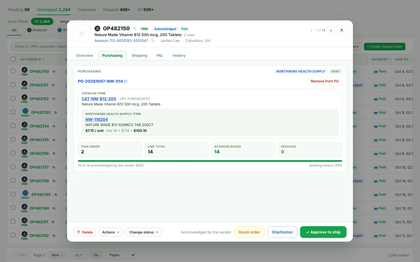 Order window on the Purchasing tab