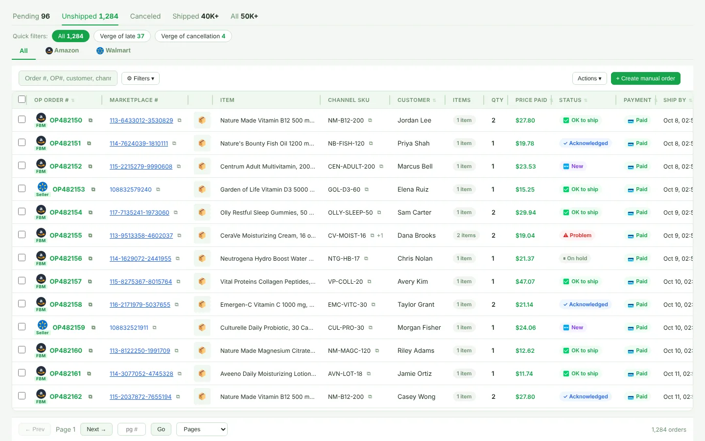 Channel Orders list on the Unshipped tab