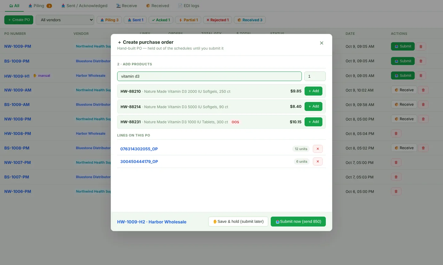 Create purchase order window