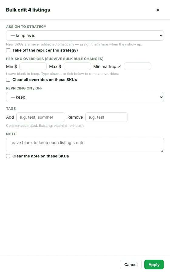 Bulk edit panel