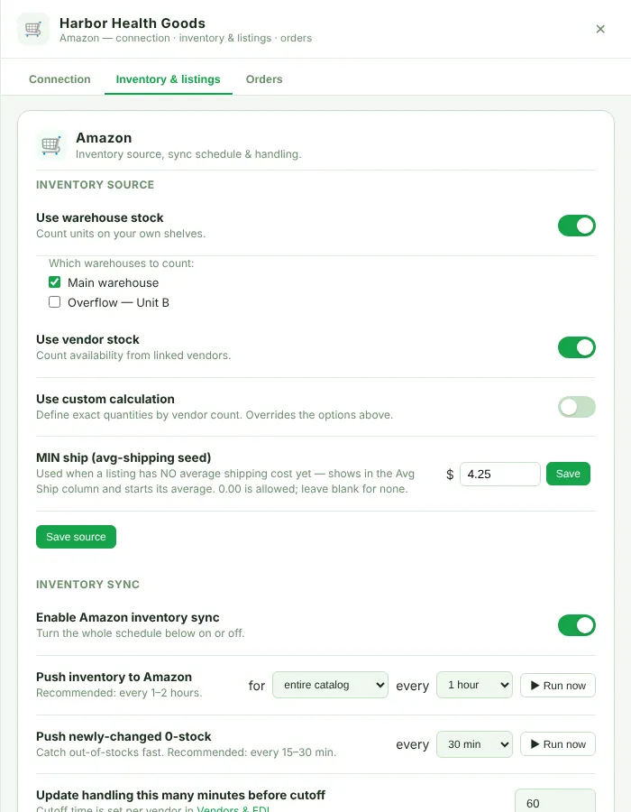Amazon Inventory & listings tab