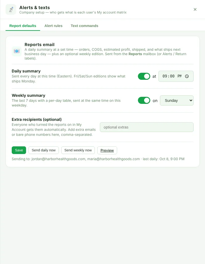 Report defaults tab