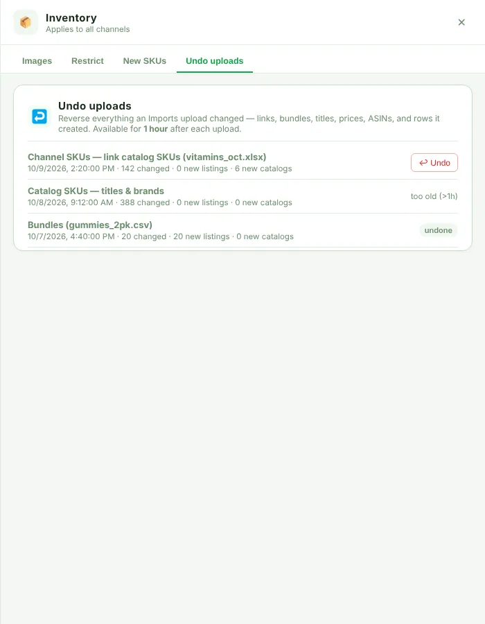 Inventory panel, Undo uploads tab