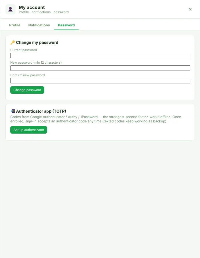My account, Password tab
