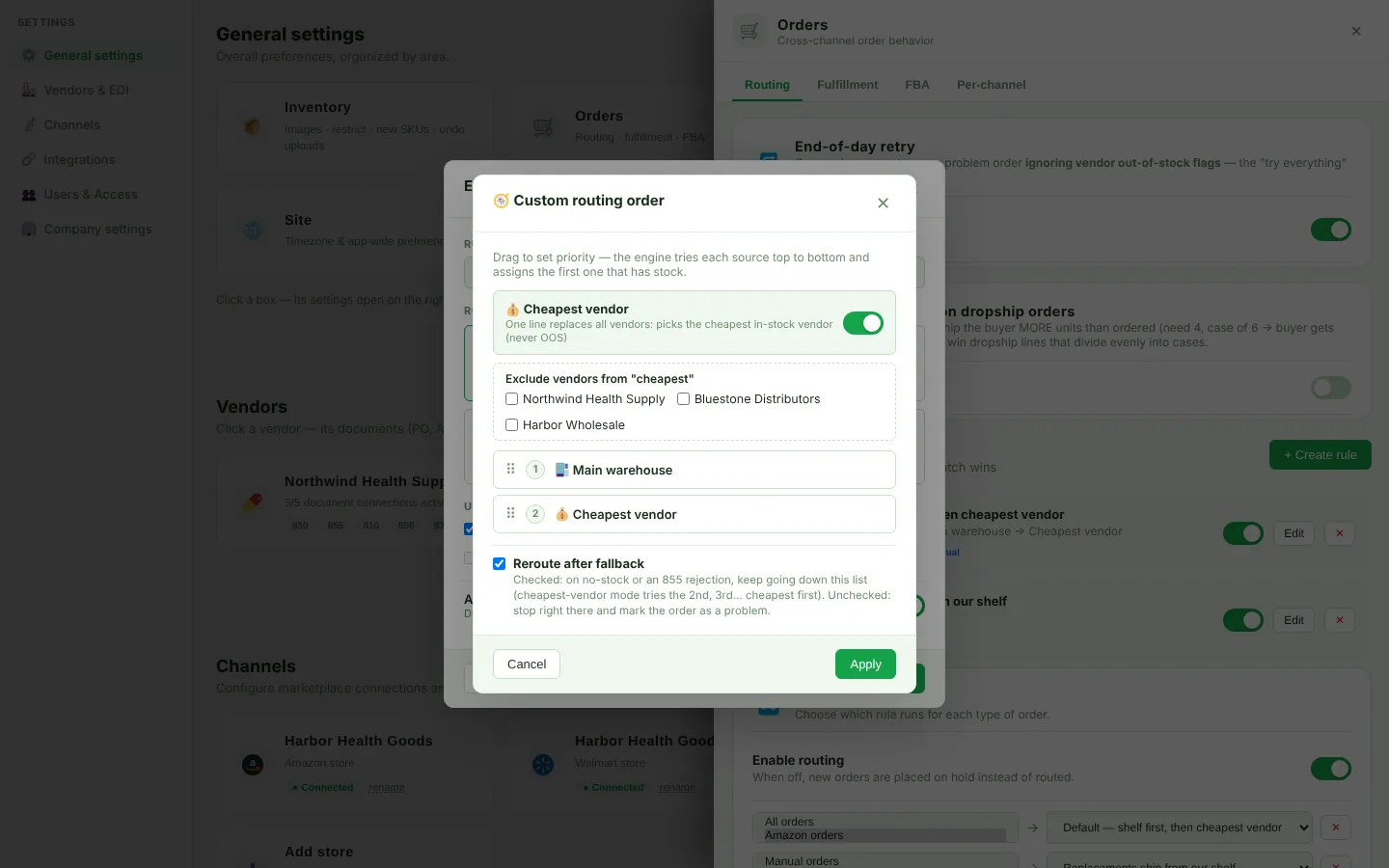 Custom routing order window