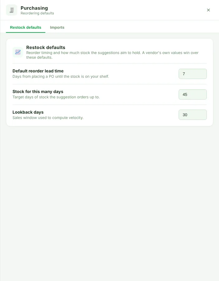 Purchasing panel, Restock defaults tab