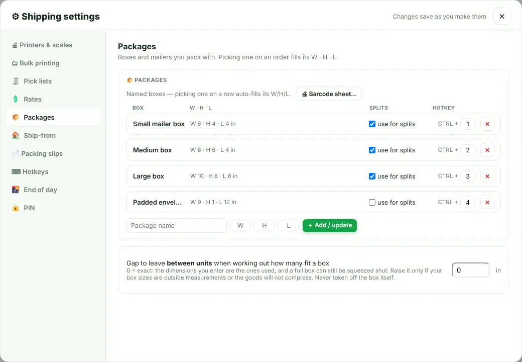 Packages settings