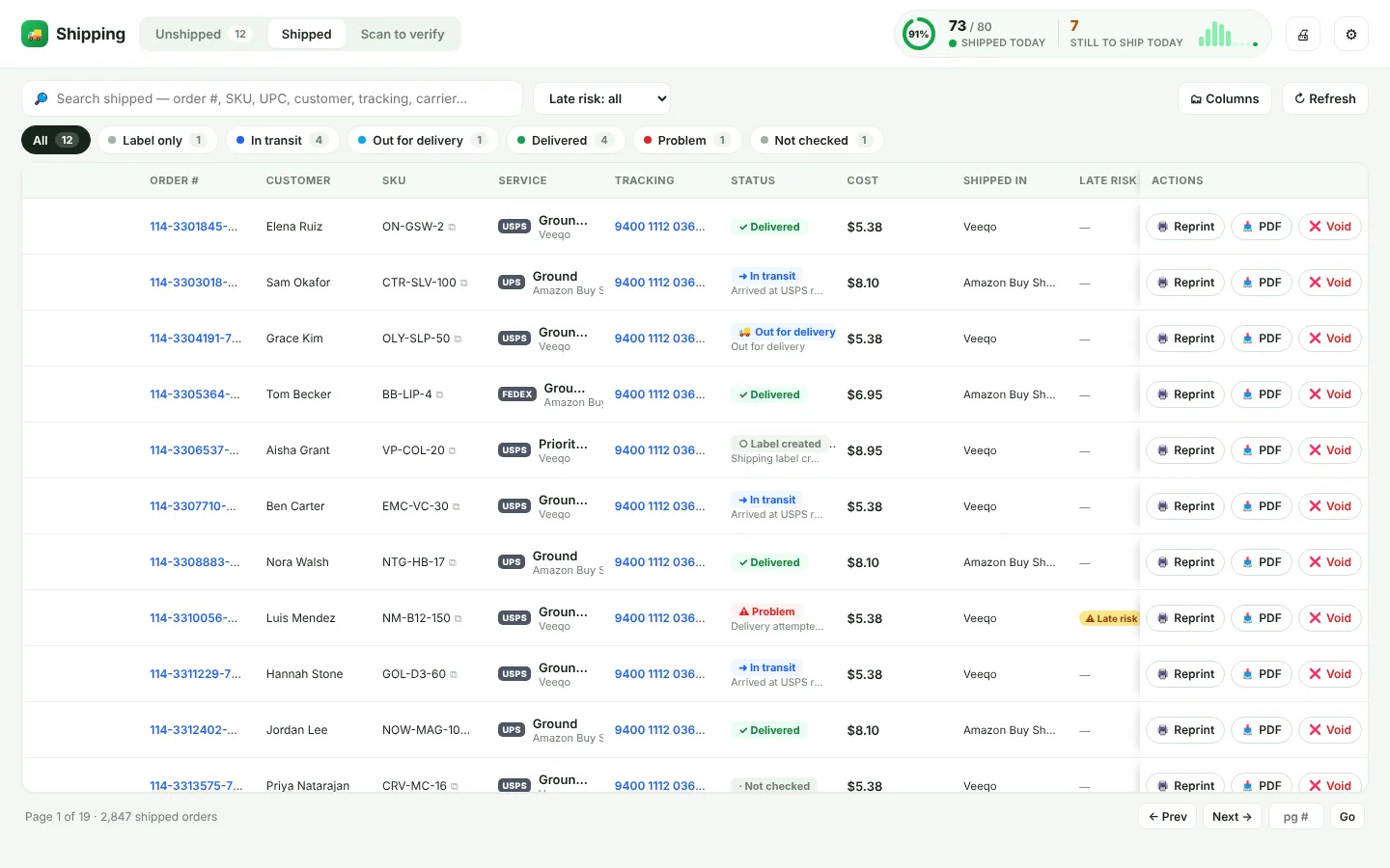 The Shipped tab