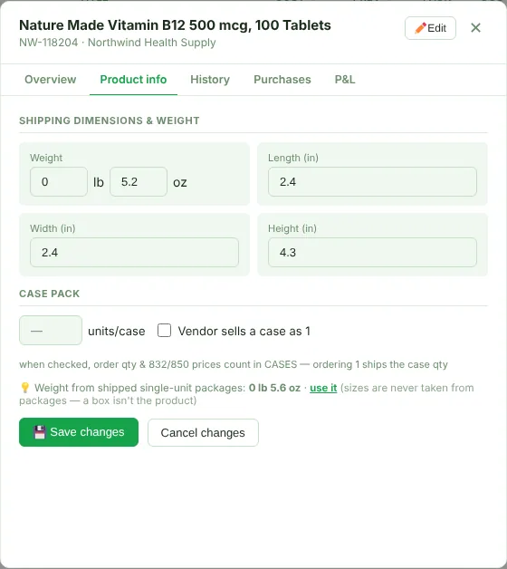 Product info tab with weight, size and case pack